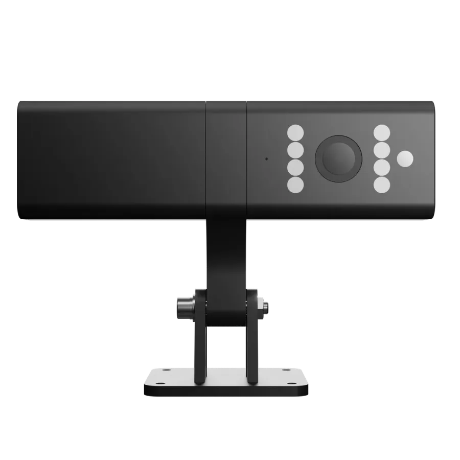 Dualcam render: black bar camera with road and driver lenses and infrared LEDs on a windscreen mount