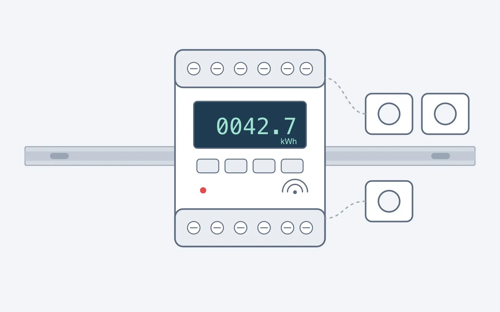 Line drawing of a DIN rail energy meter with a kWh display and three current transformers (an illustration, not a product photo)