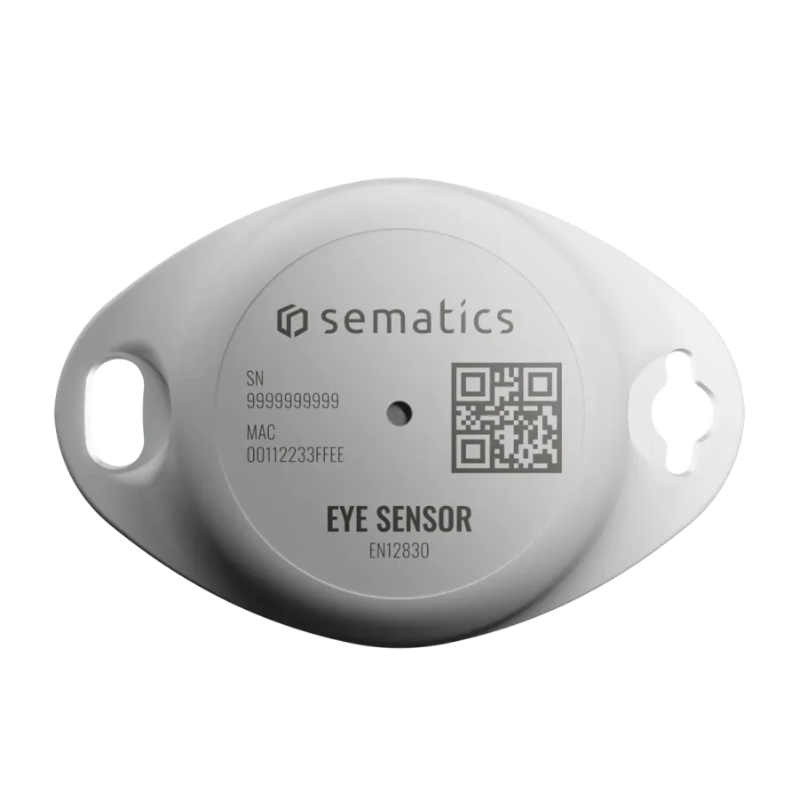 Sematics Eye sensor render: white oval Bluetooth sensor marked EYE SENSOR EN12830, with a QR code