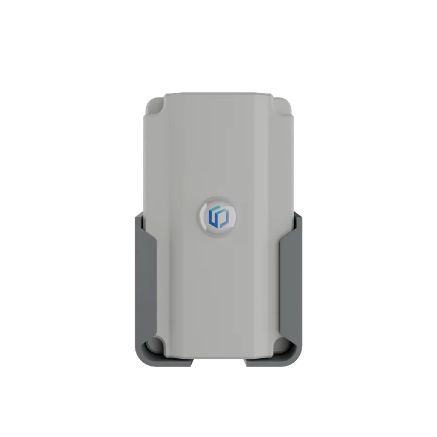 Sematics Node+ Embedded render: sealed white enclosure in its grey wall bracket, no probe connector