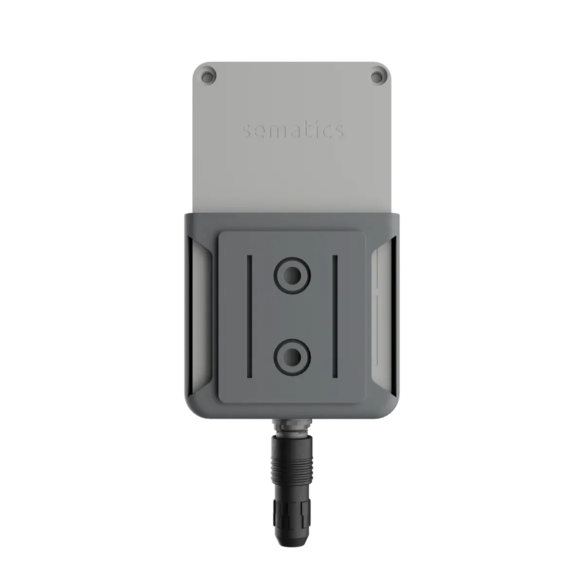 Sematics Node+ wireless sensor in its white ABS enclosure on a wall bracket