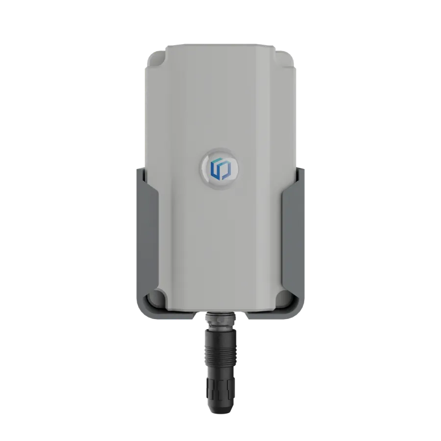 Sematics Node+ sensor render: white enclosure in a grey bracket with the probe connector underneath