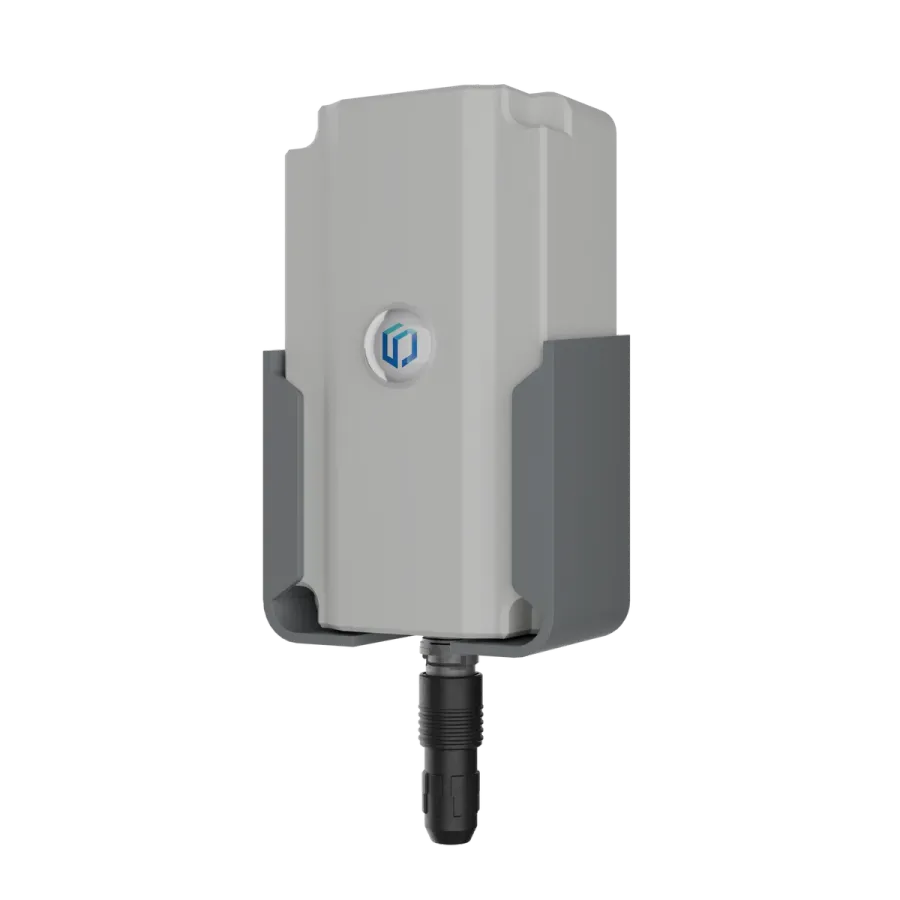 Sematics Node+ sensor render, three-quarter view in its wall bracket