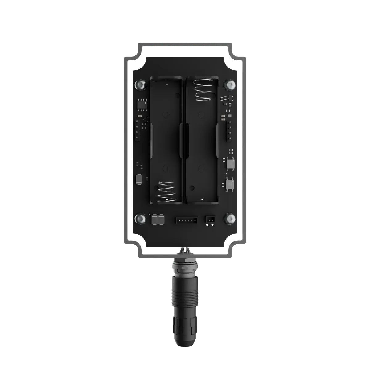 Node+ sensor with its enclosure open, showing the circuit board and AA battery compartment