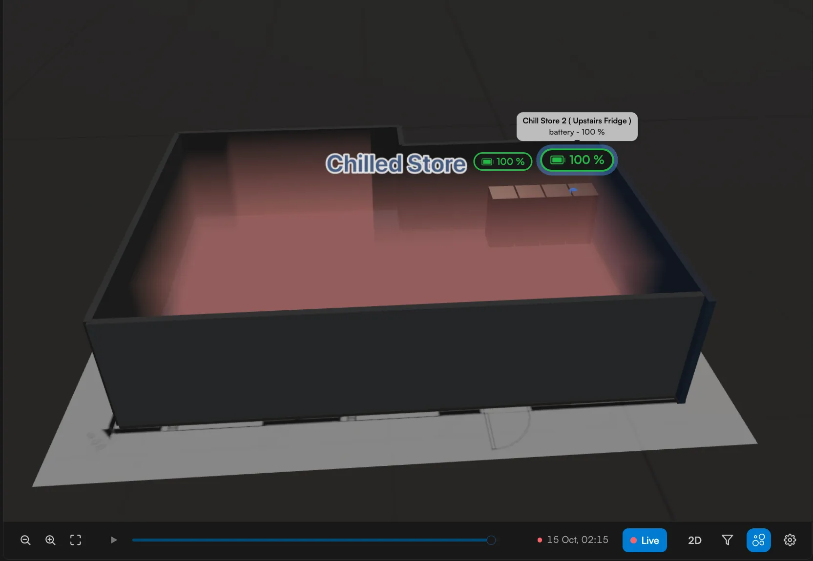 Sematics 3D plan view: a chilled store drawn in 3D with its sensors, battery levels and a timeline to replay the night.