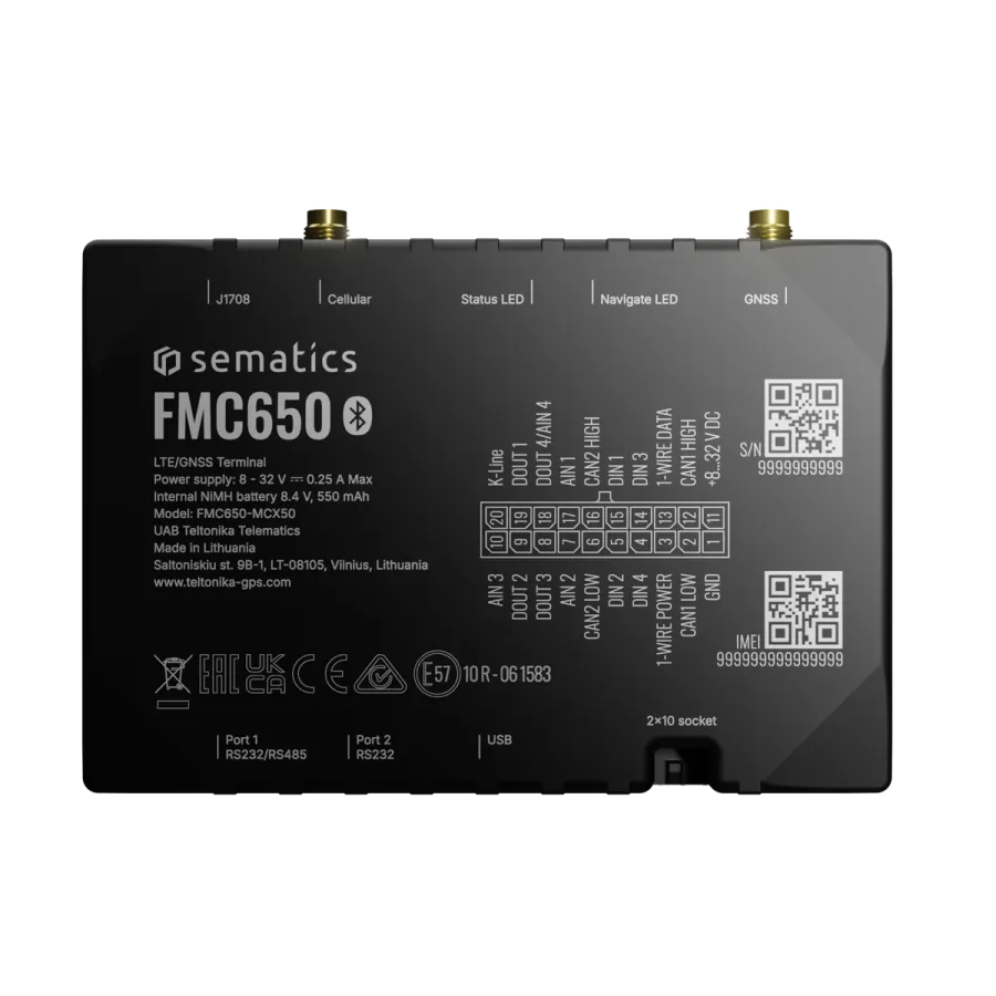 Sematics FMC650 tracker render: black enclosure with connector labels and two antenna sockets
