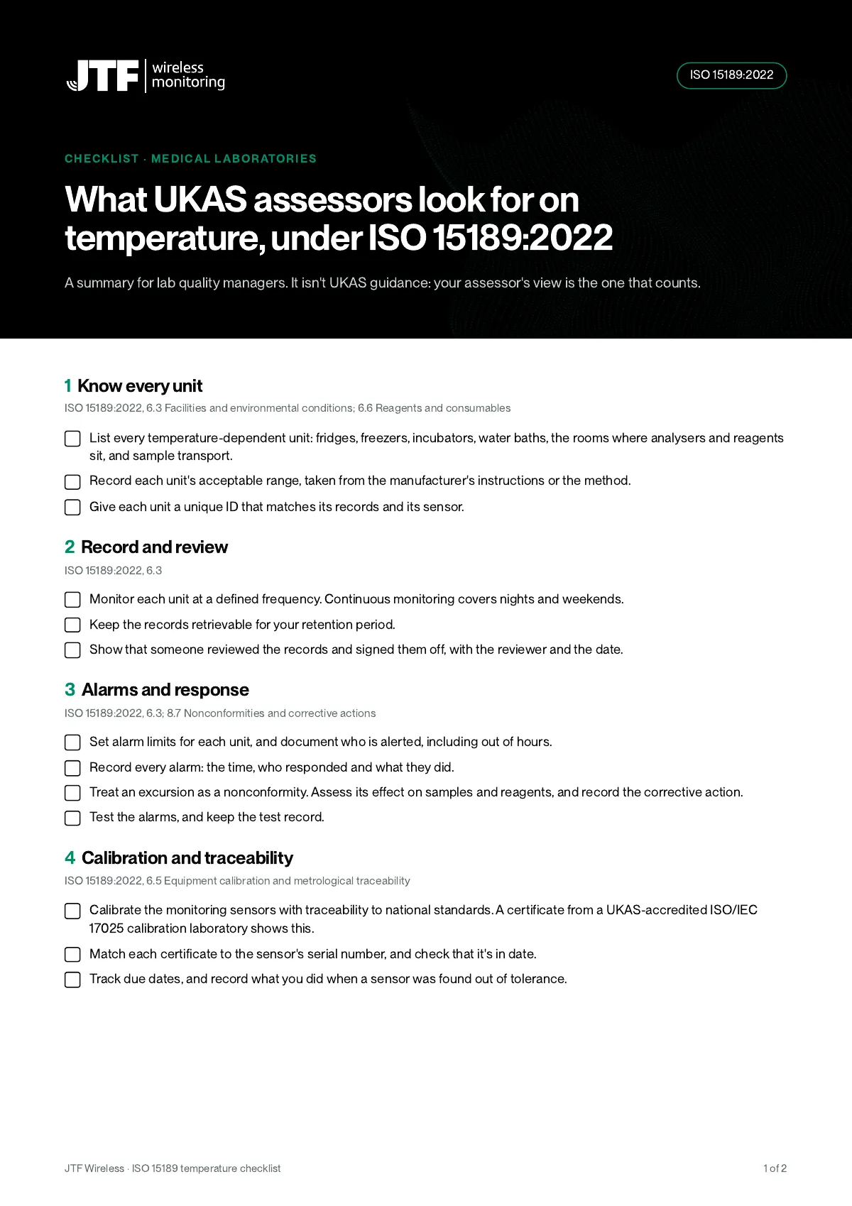 Page 1 of ISO 15189 temperature checklist, preview