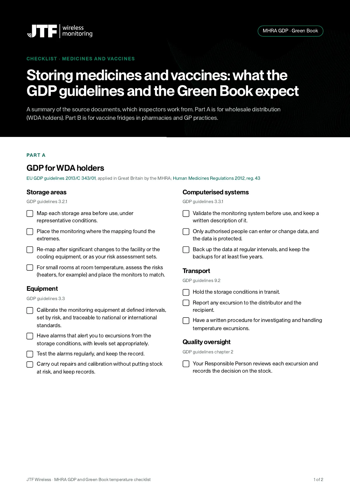 Page 1 of MHRA GDP and Green Book temperature checklist, preview