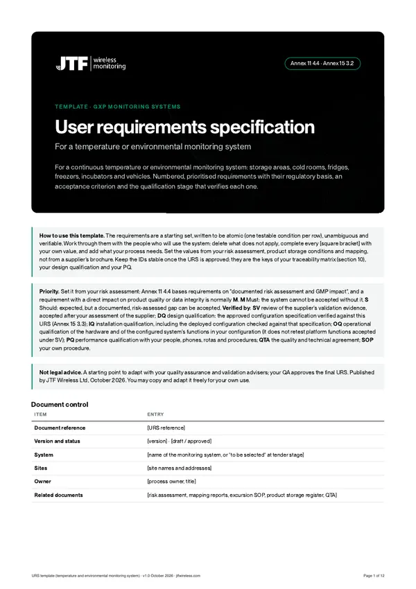 Page 1 of URS template for a temperature monitoring system, preview