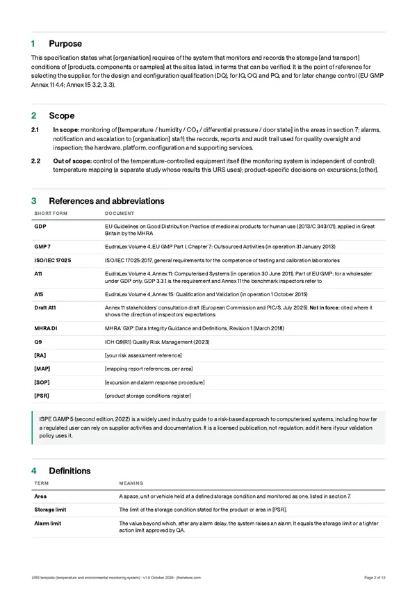 Page 2 of URS template for a temperature monitoring system, preview