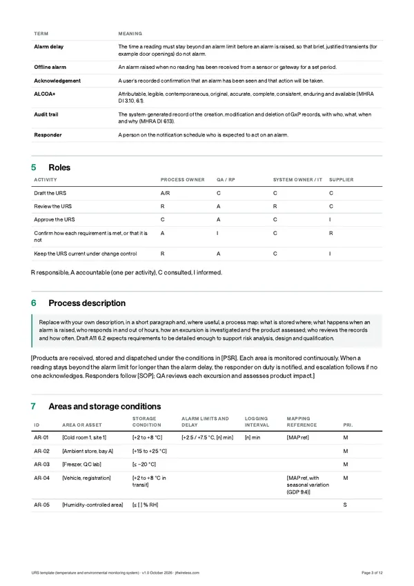 Page 3 of URS template for a temperature monitoring system, preview