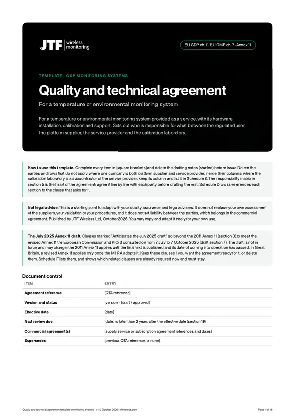 Page 1 of Quality and technical agreement template for a monitoring system, preview