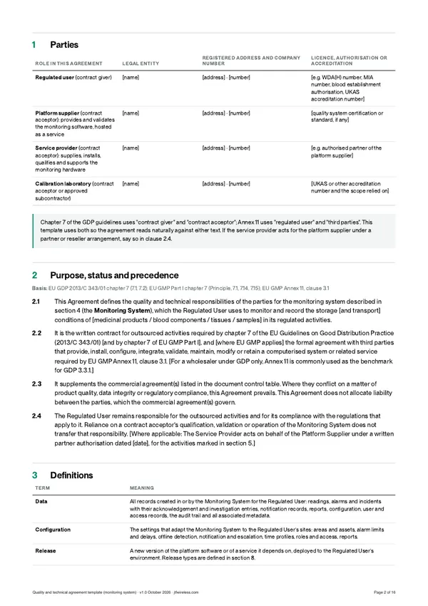 Page 2 of Quality and technical agreement template for a monitoring system, preview