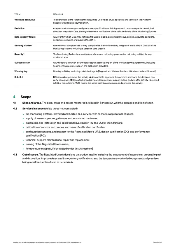 Page 3 of Quality and technical agreement template for a monitoring system, preview